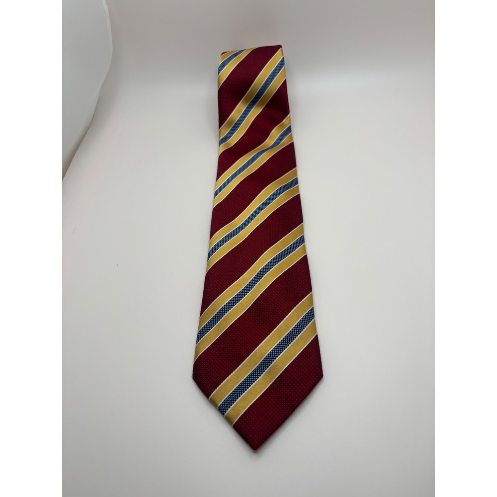 Henry Jacobson Mens Silk Tie Burgundy Gold Blue Striped Regimental Hand Made - Picture 2 of 8